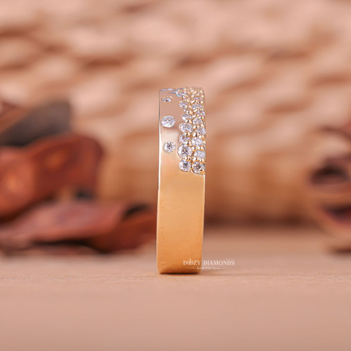 Round diamond band stacked with engagement ring
