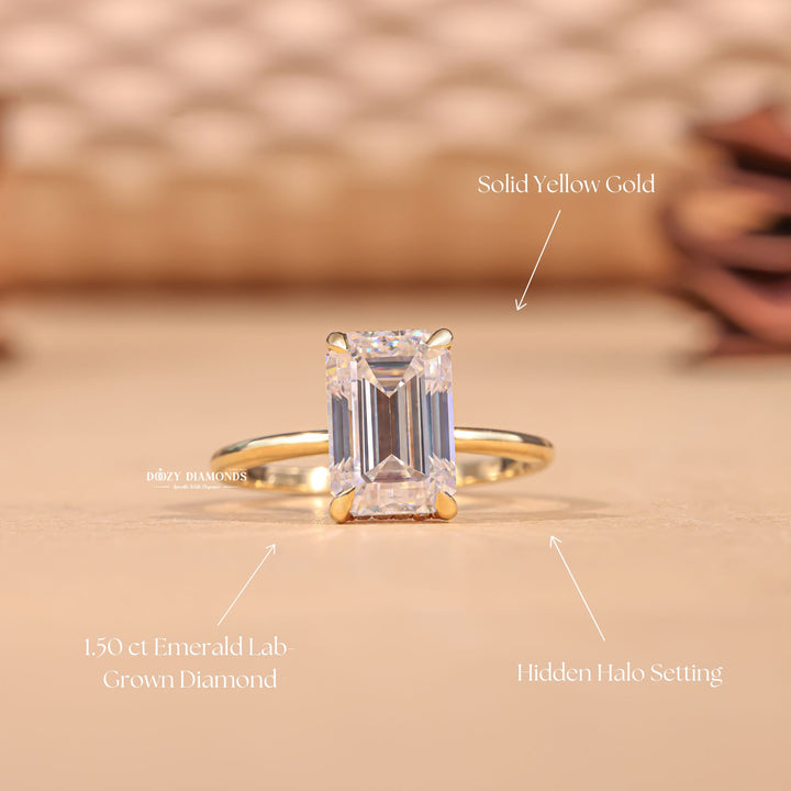 Emerald hidden halo engagement ring with IGI certificate and packaging