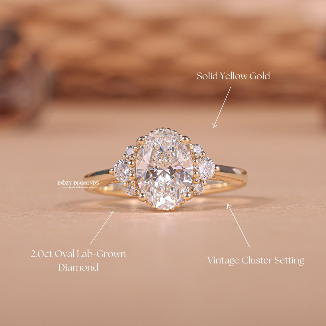 Oval cluster engagement ring with certified lab grown diamond
