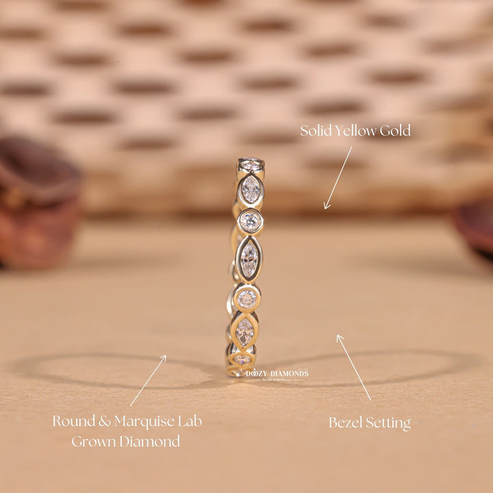 Round Marquise diamond wedding band in yellow gold