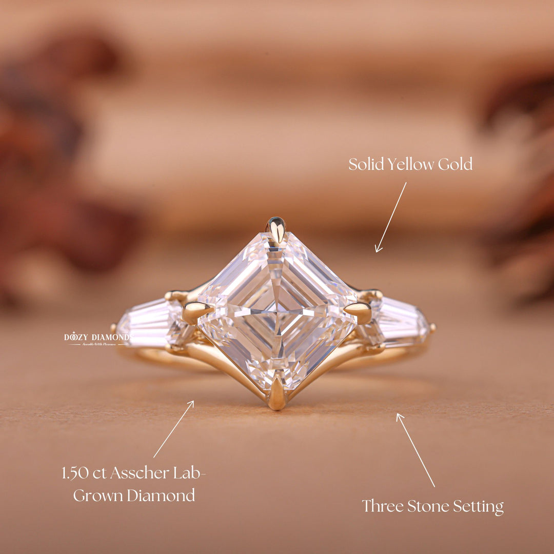 Asscher three stone engagement ring close-up highlighting diamond sparkle