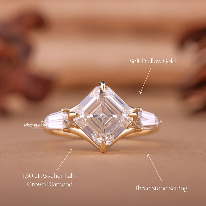 Asscher three stone engagement ring close-up highlighting diamond sparkle