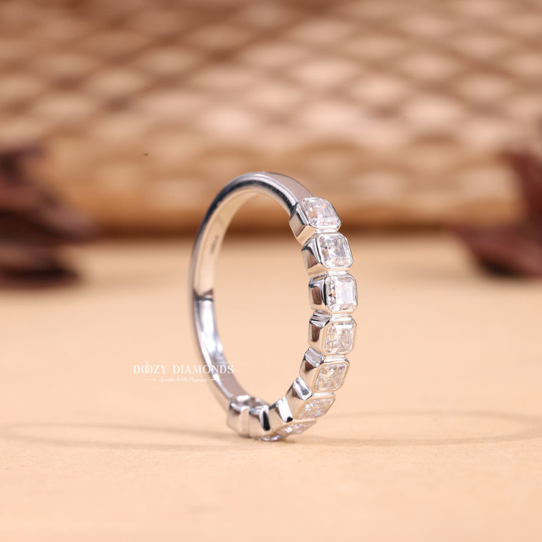 Asscher diamond band stacked with engagement ring