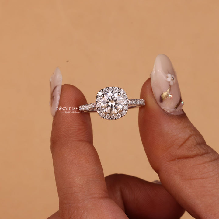 Side angle of round halo diamond engagement ring