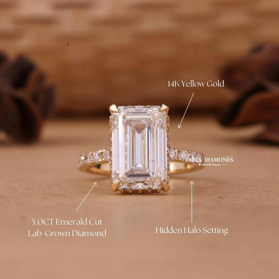 Emerald hidden halo lab grown diamond ring fitted on finger