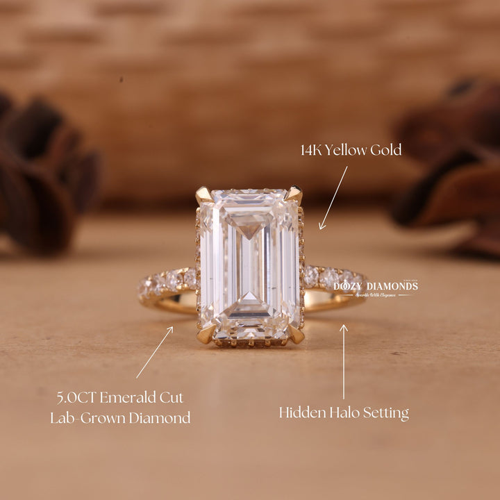 Emerald hidden halo lab grown diamond ring fitted on finger
