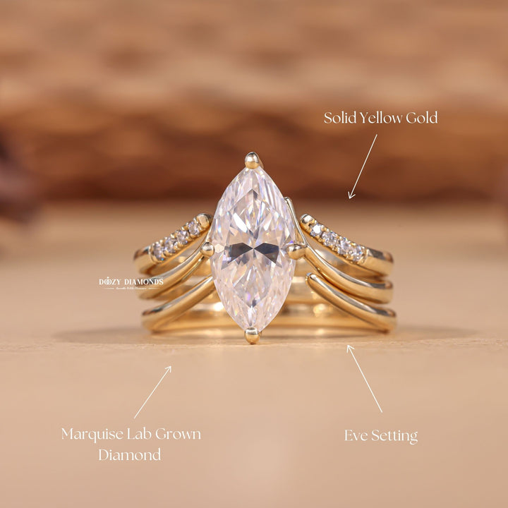 2.0CT Marquise Cut EF-VS2 Lab Grown Eve Diamond Ring with Curved Wedding Band or Plain Band