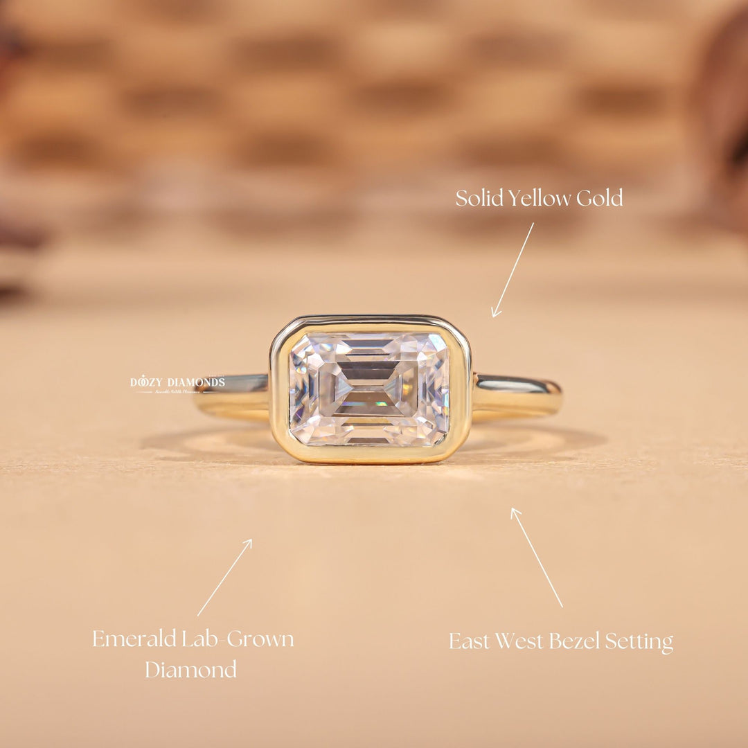 Emerald cut bezel engagement ring with IGI certified center diamond