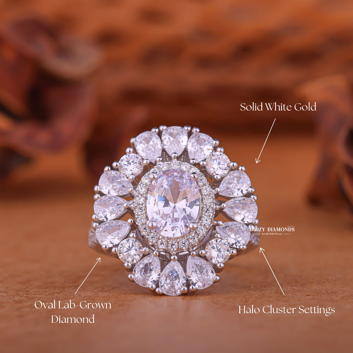 Oval cluster engagement ring close-up highlighting diamond sparkle
