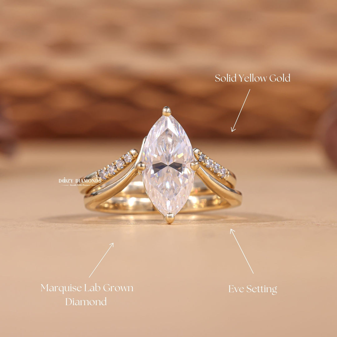 2.0CT Marquise Cut EF-VS2 Lab Grown Eve Diamond Ring with Curved Wedding Band