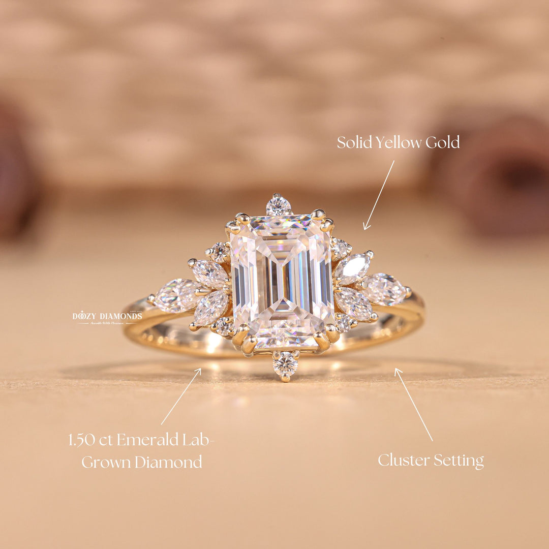 Close-up of emerald cut center diamond in cluster engagement ring