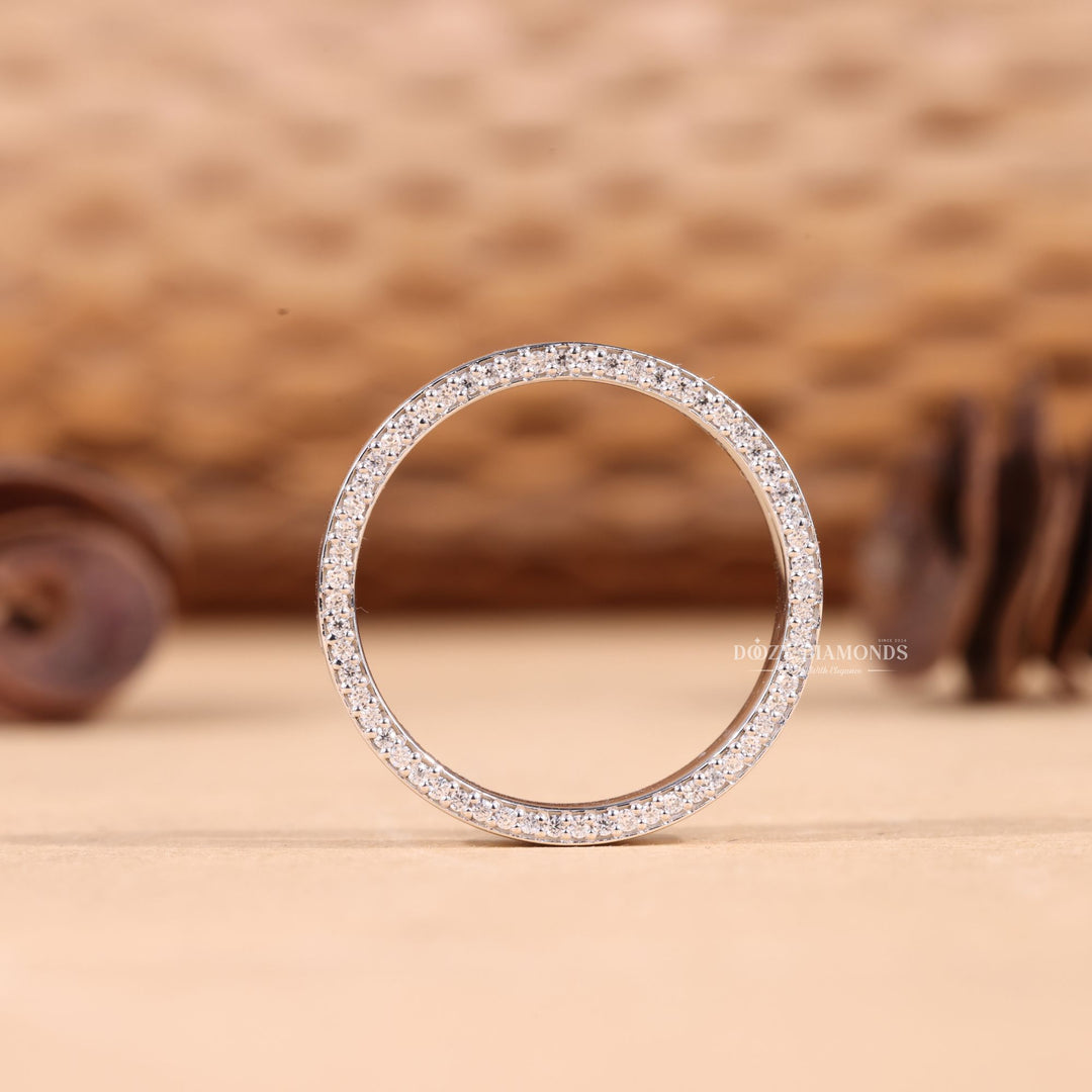 Round diamond band stacked with engagement ring