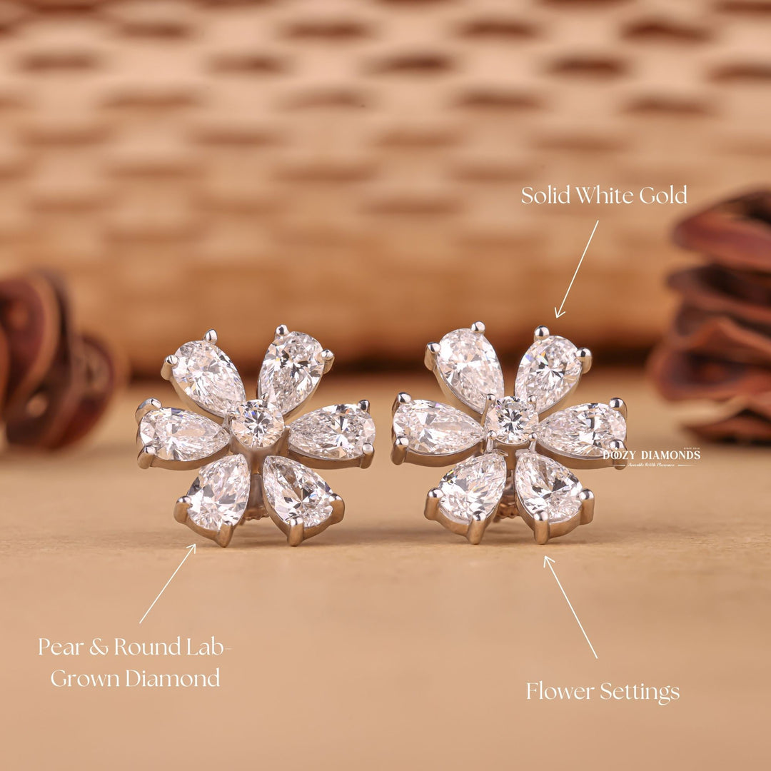 Round & Pear EF-VS2 Lab-Grown Diamond Flower Style Earrings