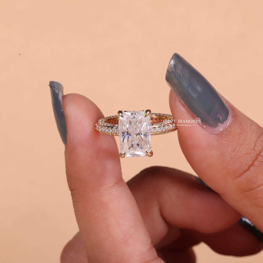 Radiant pave engagement ring close-up highlighting diamond sparkle