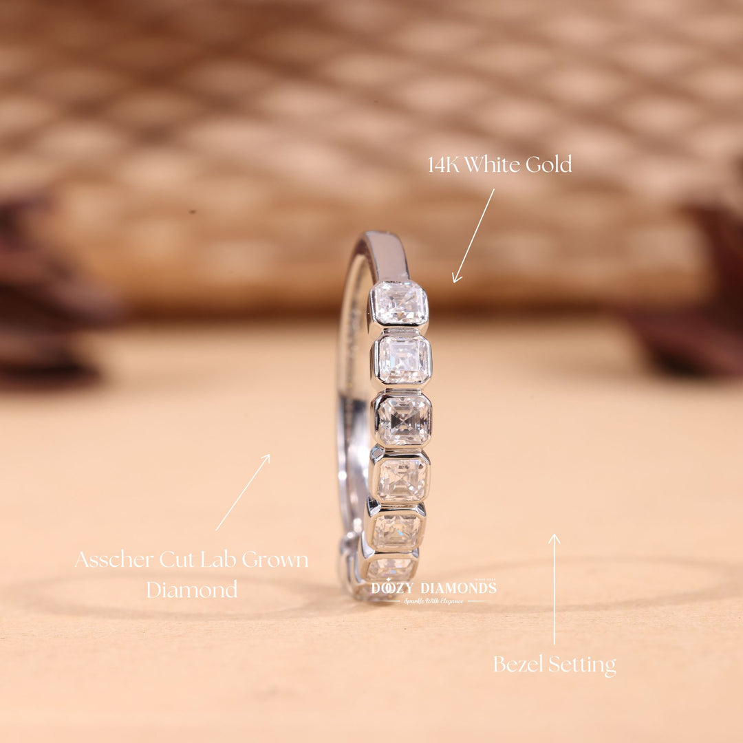 Side view of asscher diamond wedding band