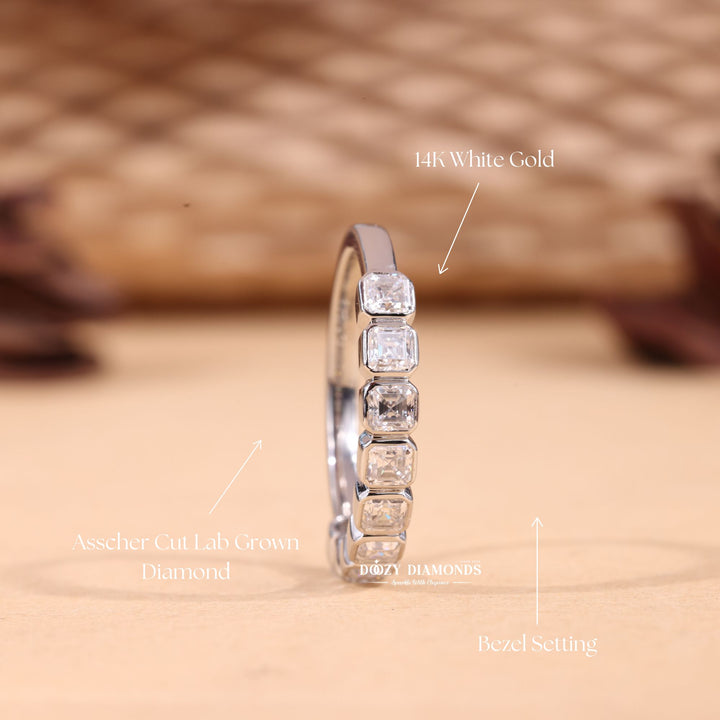 Side view of asscher diamond wedding band