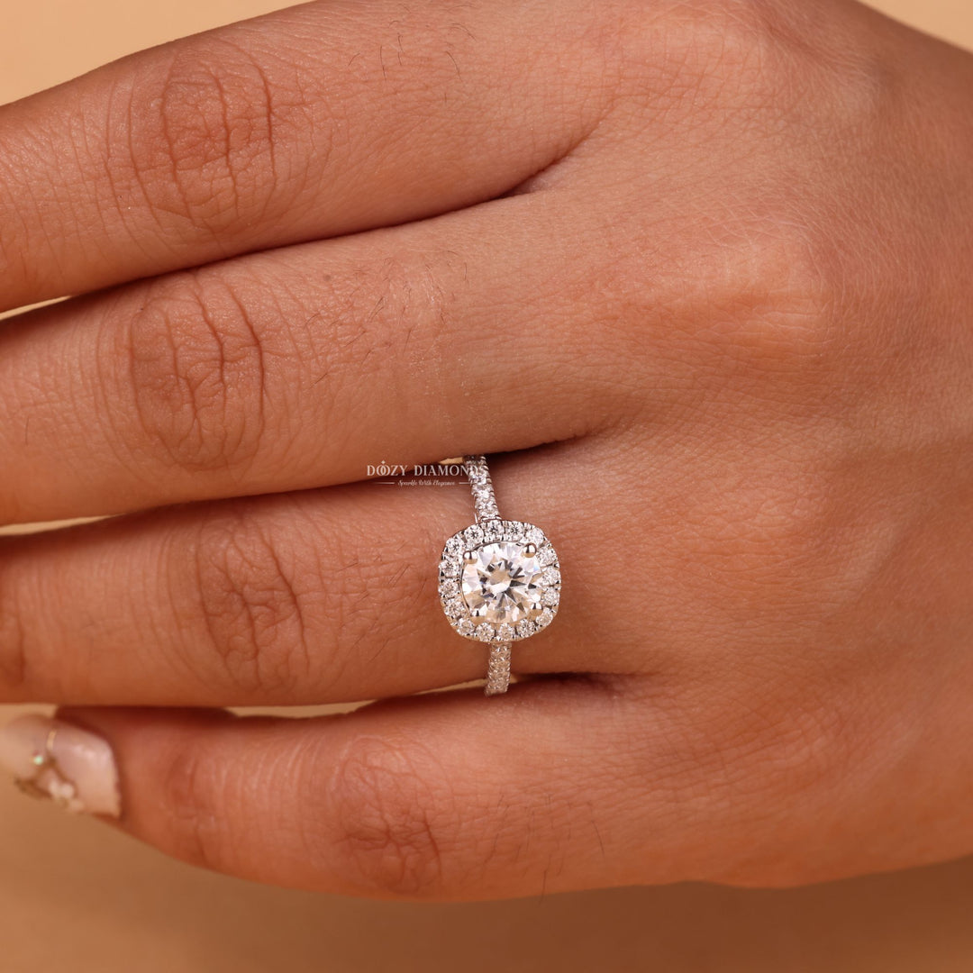 Round halo lab grown diamond ring side profile in gold setting