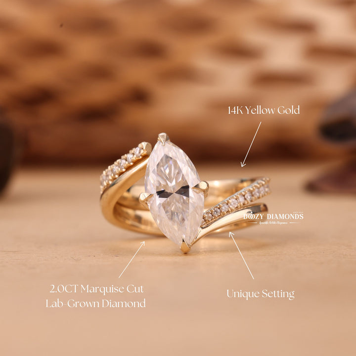 2.0CT Marquise Cut EF - VS2 Lab Grown Unique Engagement Ring with Open Wedding Band - Doozy Diamonds