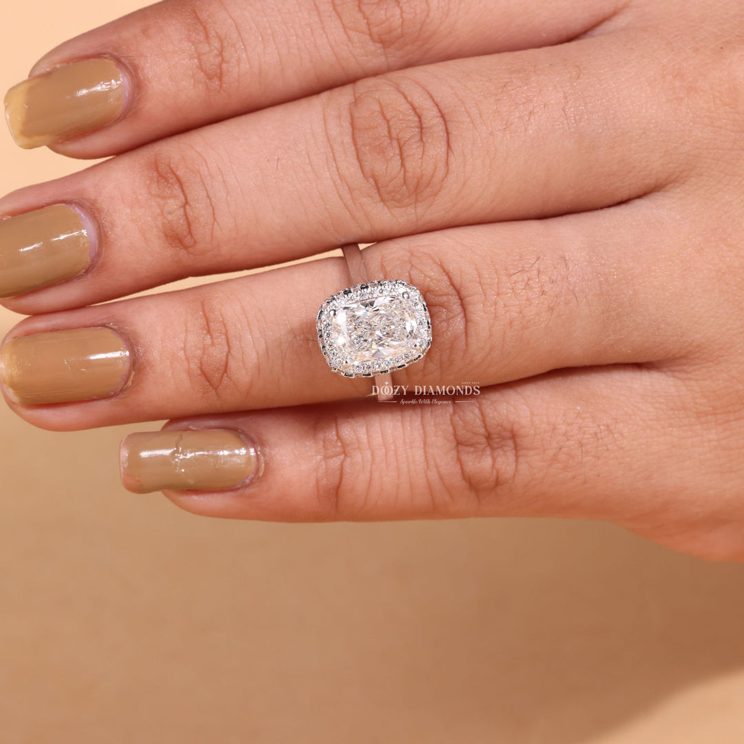 Detailed close-up of cushion halo diamond engagement ring