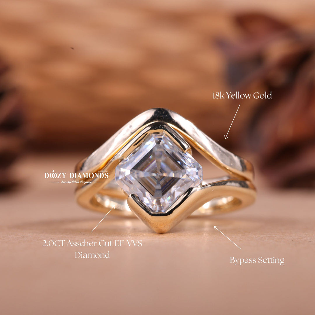 2.0CT Asscher F - VS1 Lab Grown Diamond Bypass Wedding Ring With Curved Band - Doozy Diamonds