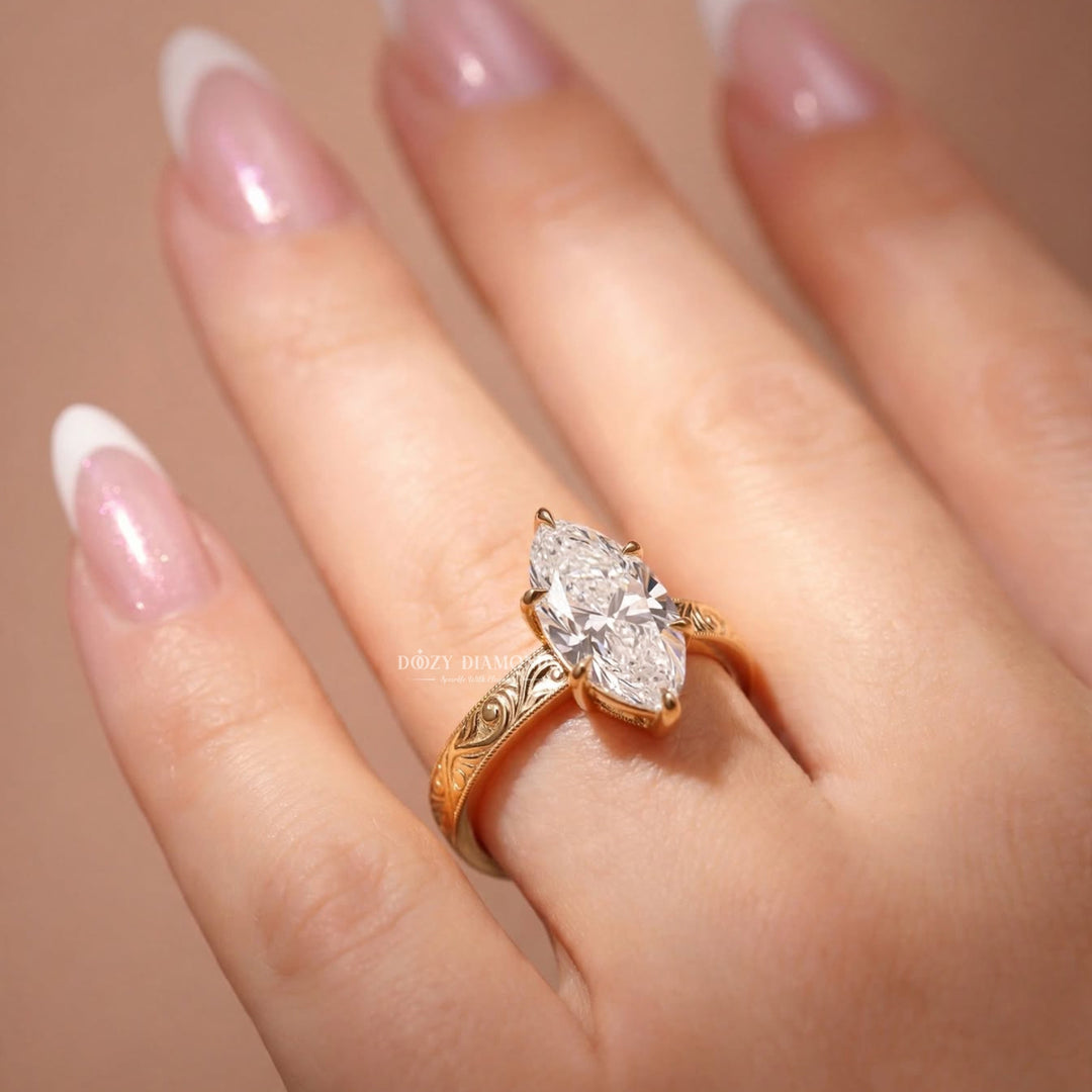 2.0CT Marquise F/VVS1 Lab Grown Ring, Hand Engraved Scroll Gold Band