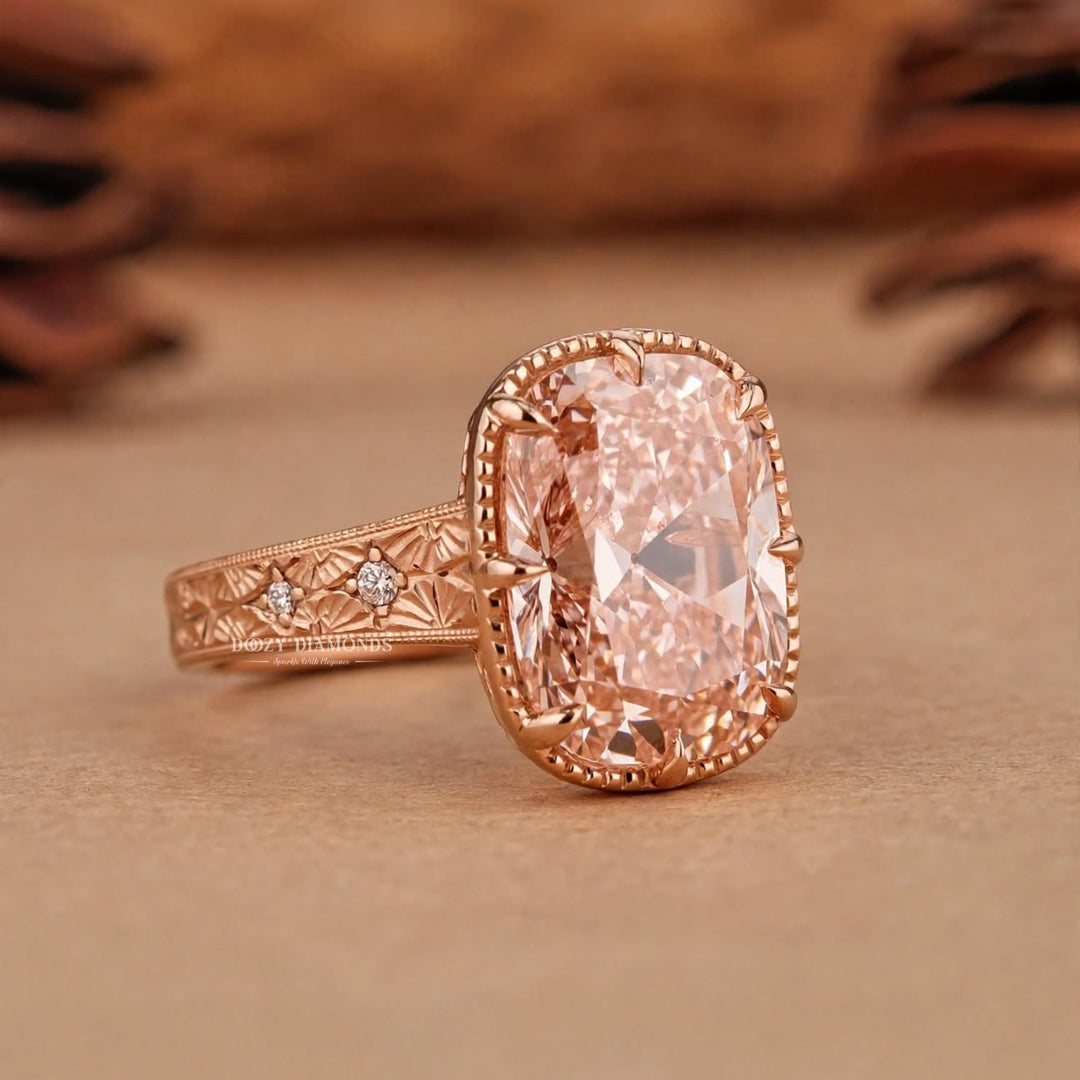 3.0CT Oldmine Elongated Cushion Pink Engraved Style Vintage Engagement Rings