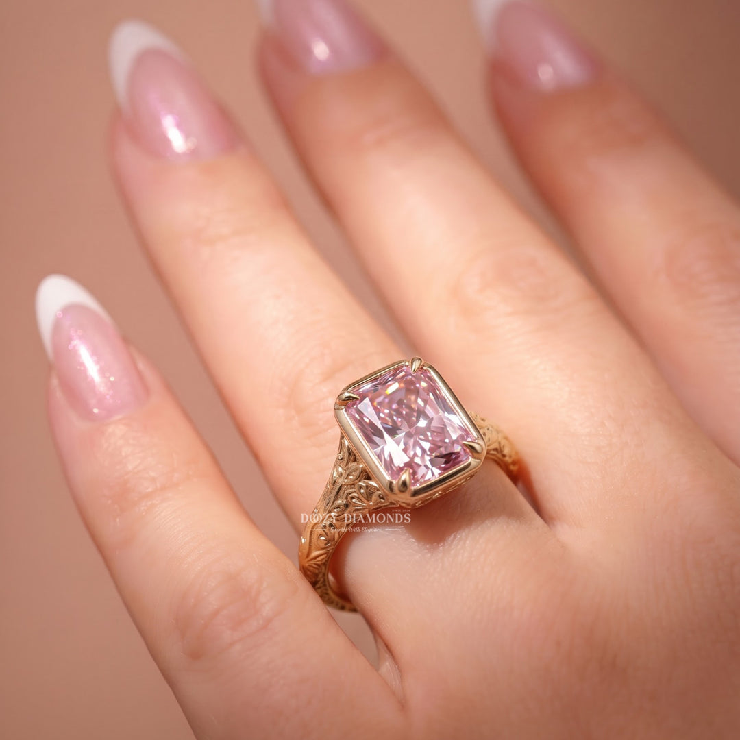 2.50CT Pink Radiant VVS2 Vintage Gold Lab Grown Engagement Ring - Filigree Band