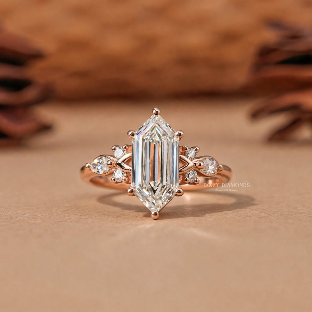 2.50CT Hexagon Shield F/VVS1 Lab Grown Diamond Engagement Ring, Cluster Rose Gold