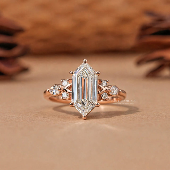 2.50CT Hexagon Shield F/VVS1 Lab Grown Diamond Engagement Ring, Cluster Rose Gold