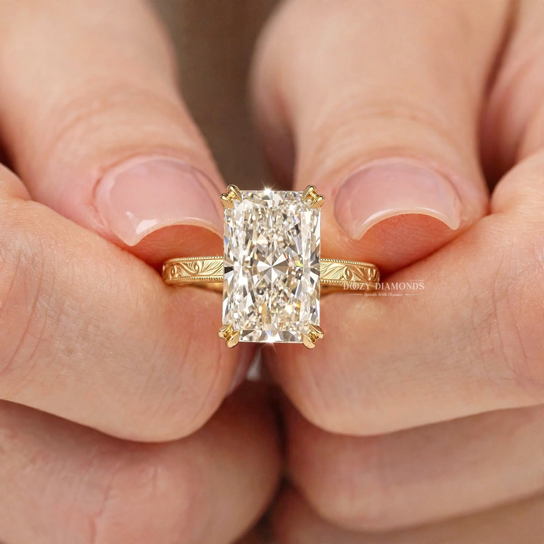 2.0CT Radiant E/VVS2 Lab Grown Diamond Engagement Ring, Engraved Vintage Gold Band