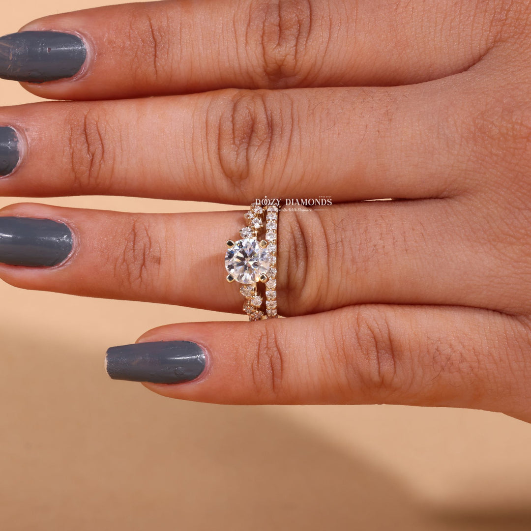 1.0CT Round Cut EF - VS2 Lab Grown Cluster Engagement Ring with Stacking Band - Doozy Diamonds