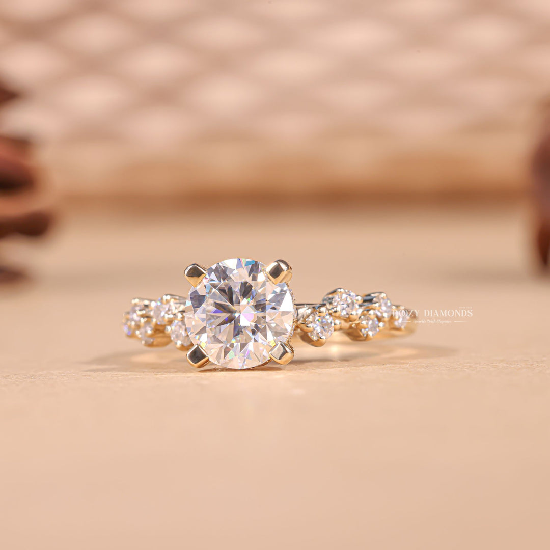 Unboxing view of round cut cluster diamond engagement ring