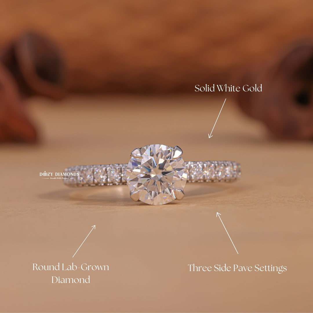 Side angle of round pave diamond engagement ring