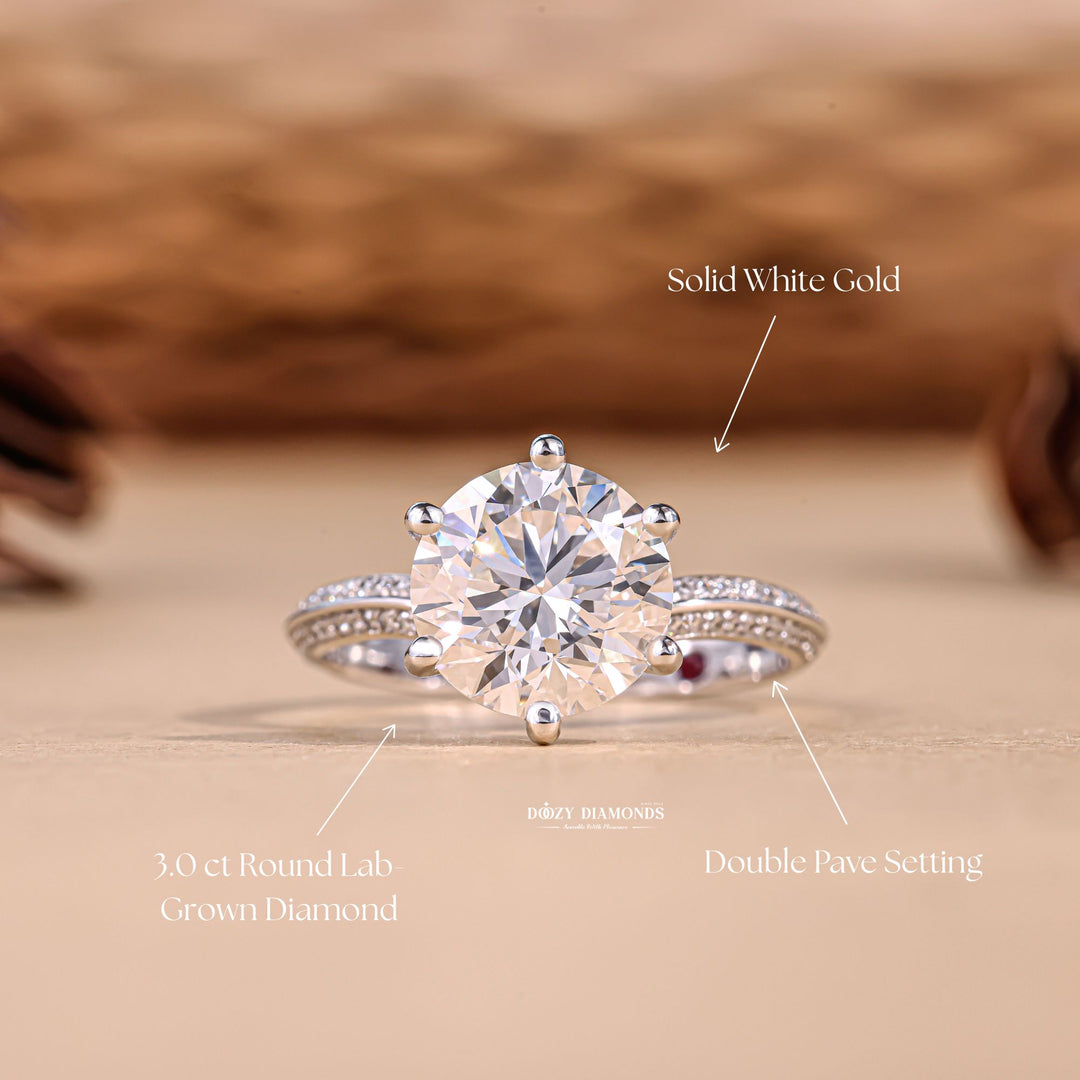Lifestyle shot of round pave diamond ring on hand