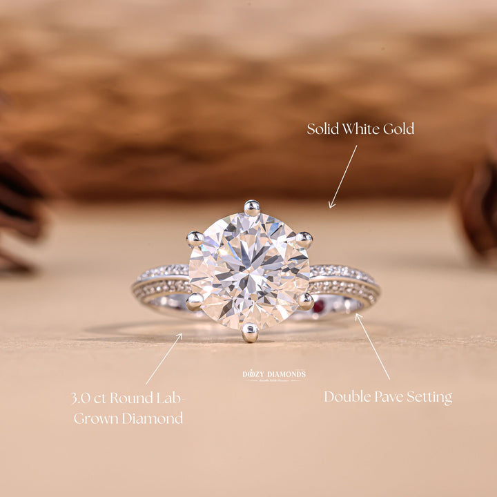 Lifestyle shot of round pave diamond ring on hand
