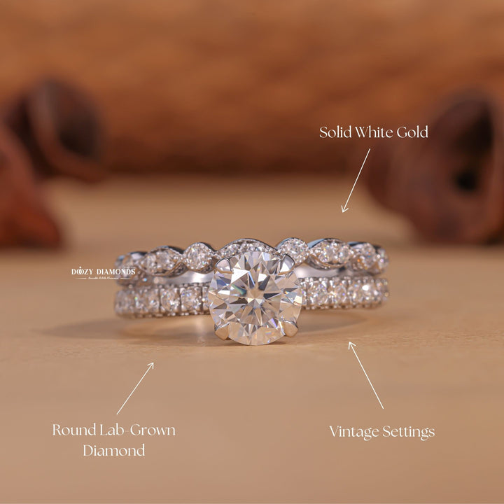 Round cut bridal set with bezel set band, Round cut bridal set with twist band, Round cut bridal set with curved band, Round cut bridal set with matching his and hers bands,