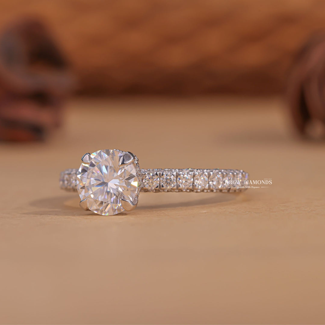 Round cut engagement ring side view showing band detail