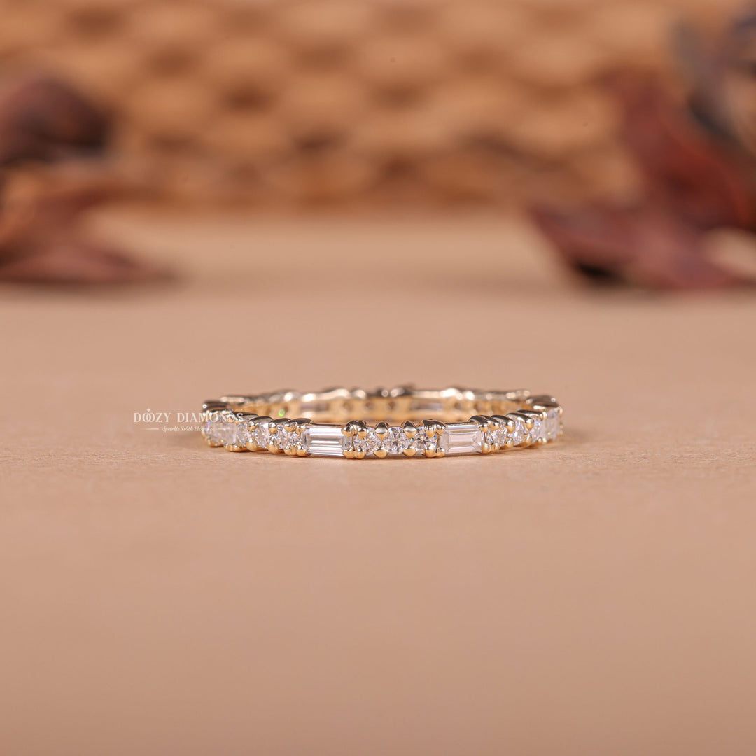 Round & Baguette diamond band stacked with engagement ring