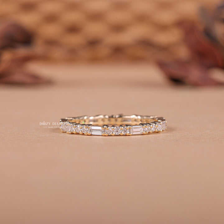 Round & Baguette diamond band stacked with engagement ring