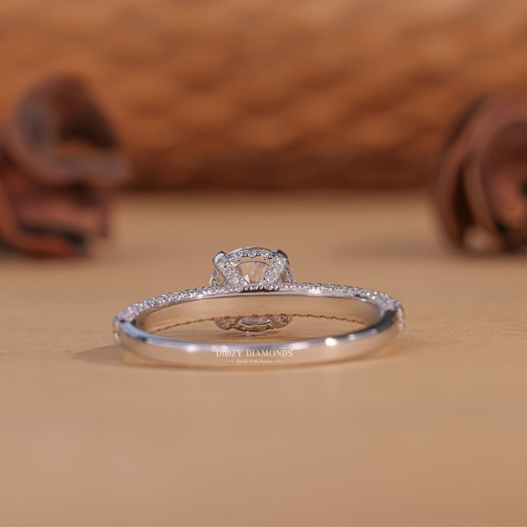 Round pave lab grown diamond ring side profile in gold setting