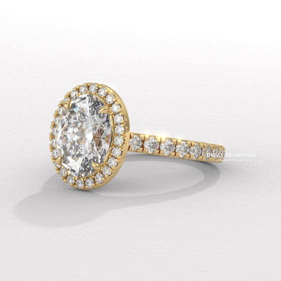 Oval halo engagement ring with IGI certificate and packaging
