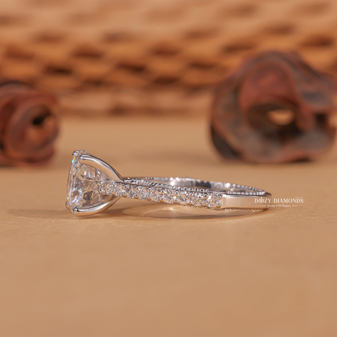Shop the round cut milgrain engagement ring collection online