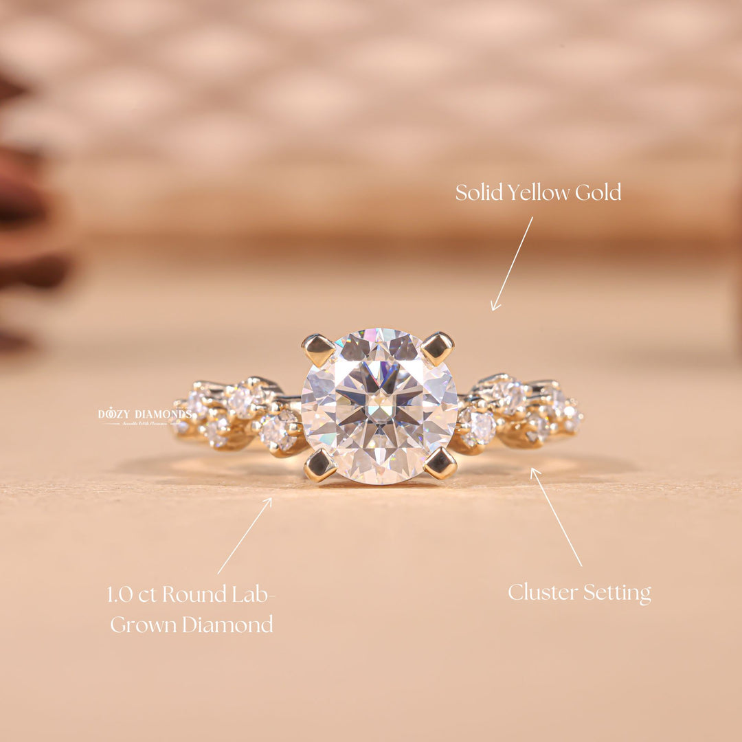 Handcrafted round cut cluster lab grown diamond engagement ring