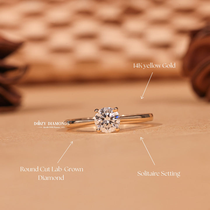 Certified round cut diamond featured in solitaire engagement ring