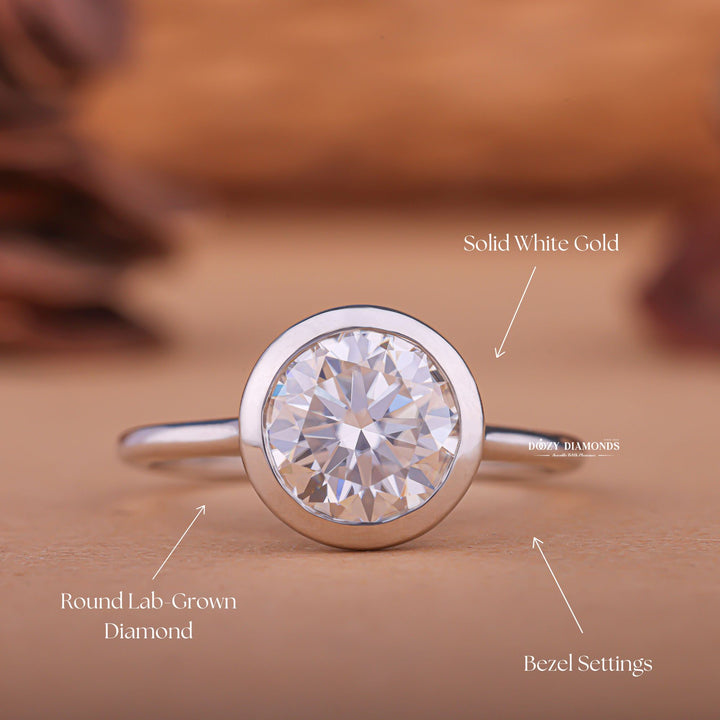 Round bezel lab grown diamond ring in jewelry gift box