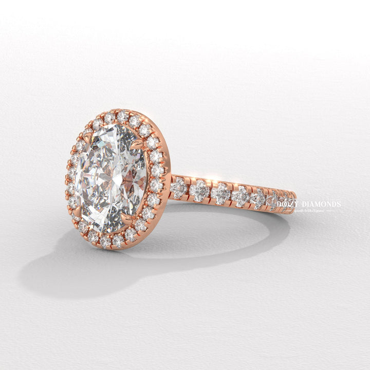 Top-down view of oval cut halo engagement ring