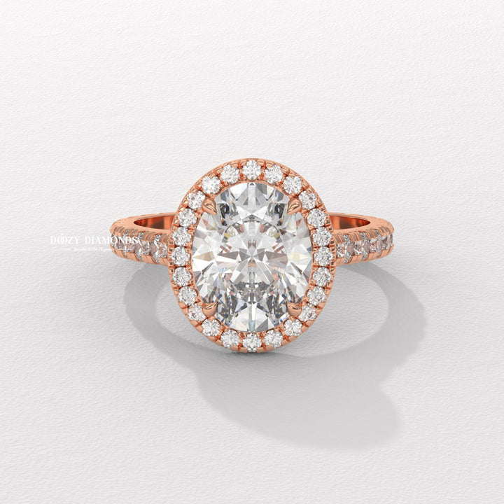 Fine craftsmanship detail on oval halo engagement ring