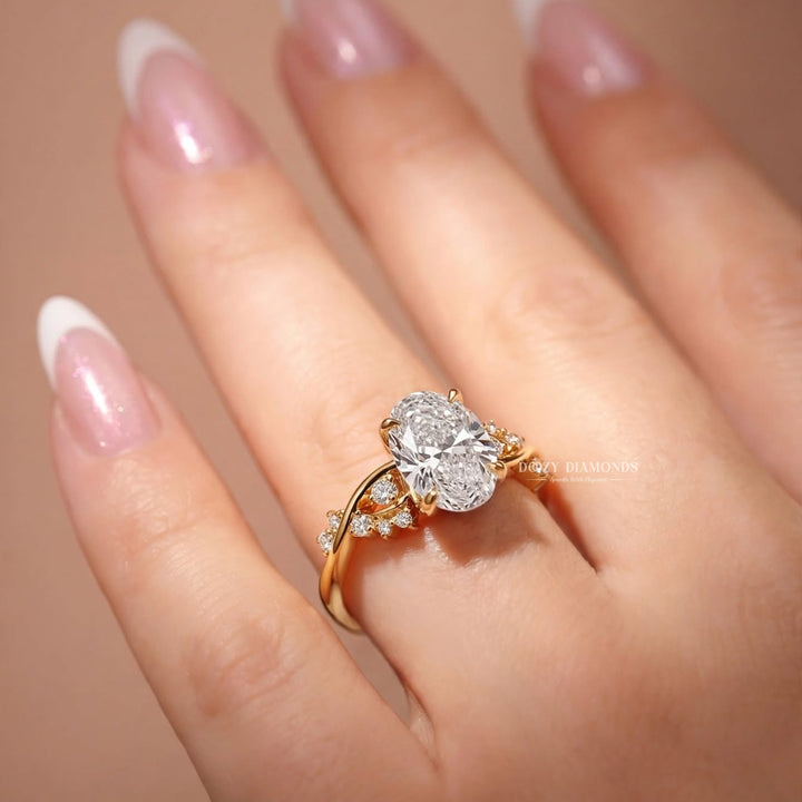 2.50CT Oval F/VVS2 Cluster Diamond Lab Grown Ring, Twisted Vine Band with Accents
