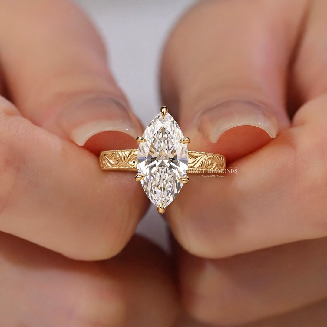2.0CT Marquise F/VVS1 Lab Grown Ring, Hand Engraved Scroll Gold Band