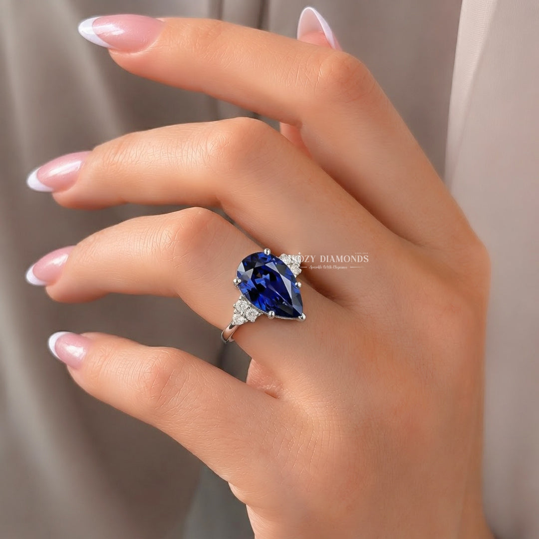 2.0CT Pear Blue Sapphire Ring Lab Grown Diamond Accents White Gold